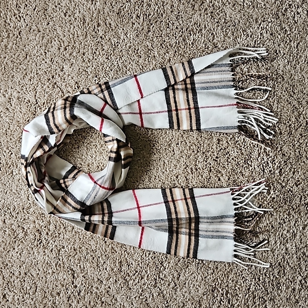 Cashmink plaid scarf, white, browns, red and black
